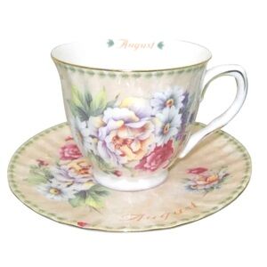 BNWOT GRACE TEA WARE FLORAL “AUGUST” BIRTHDAY TEACUP & SAUCER MADE OF PORCELAIN
